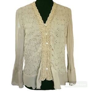 Y2K Boho Sheer Embroidered Eyelet Peplum Button Down Top sz L